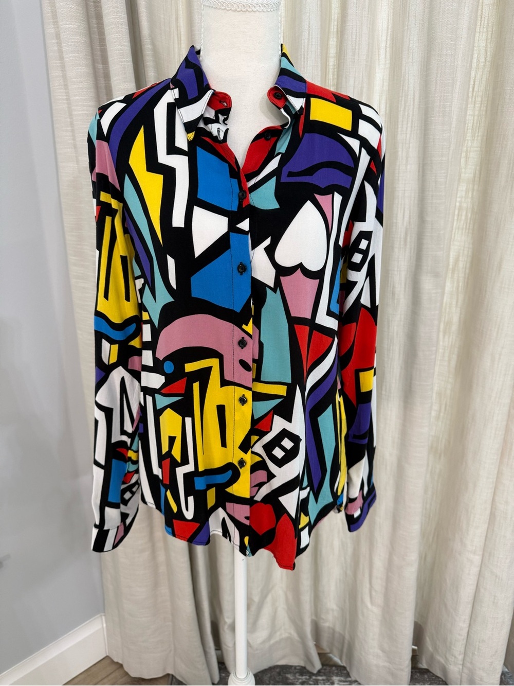 Abstract Geometric Print Button-Up Blouse - Multi